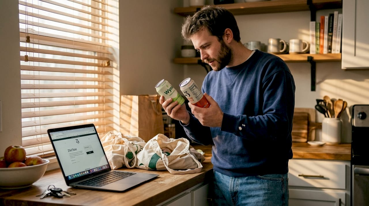 Man comparing THC beverage labels at home