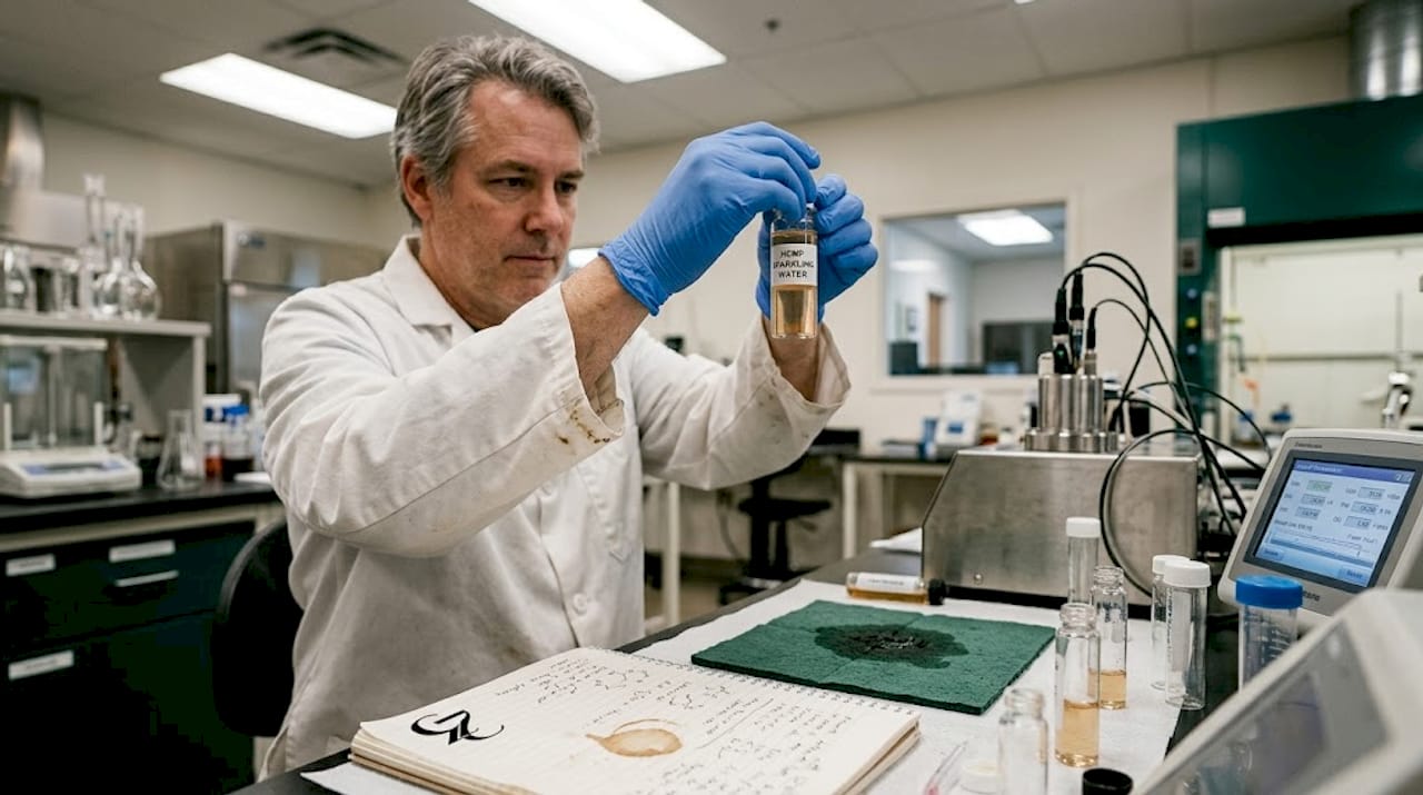 Scientist examines hemp sparkling water in lab