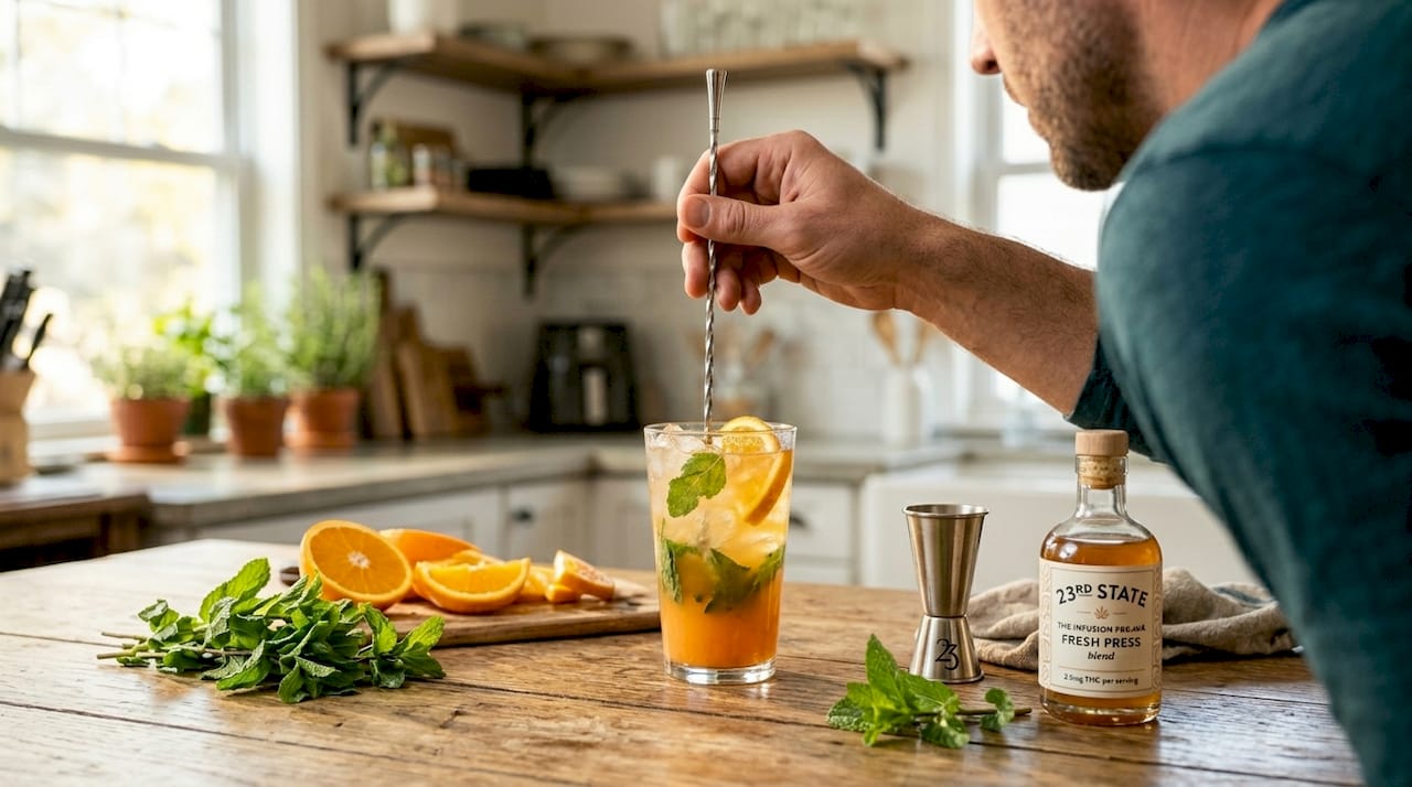 Man mixing cannabis mocktail ingredients at kitchen table