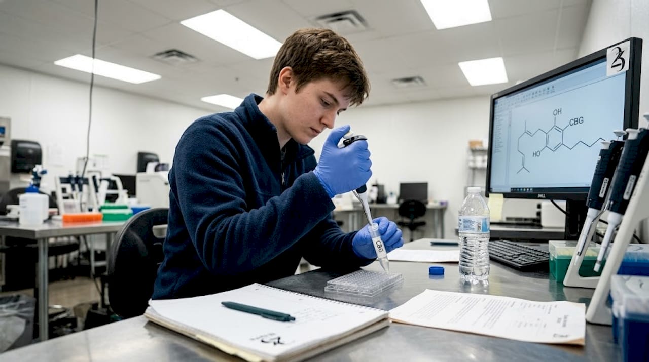 Technician handling CBG test tube in hemp lab