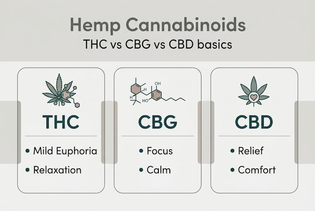 Infographic summarizing THC CBG CBD at a glance