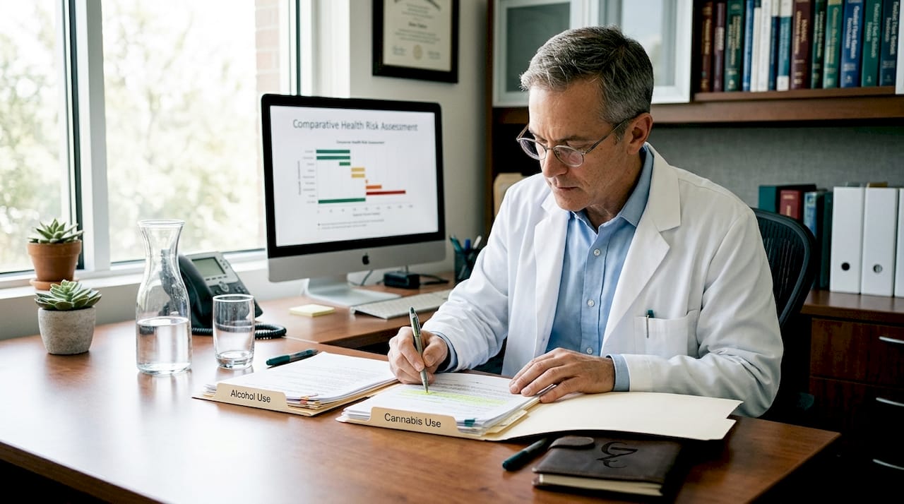 Doctor comparing alcohol and cannabis health files
