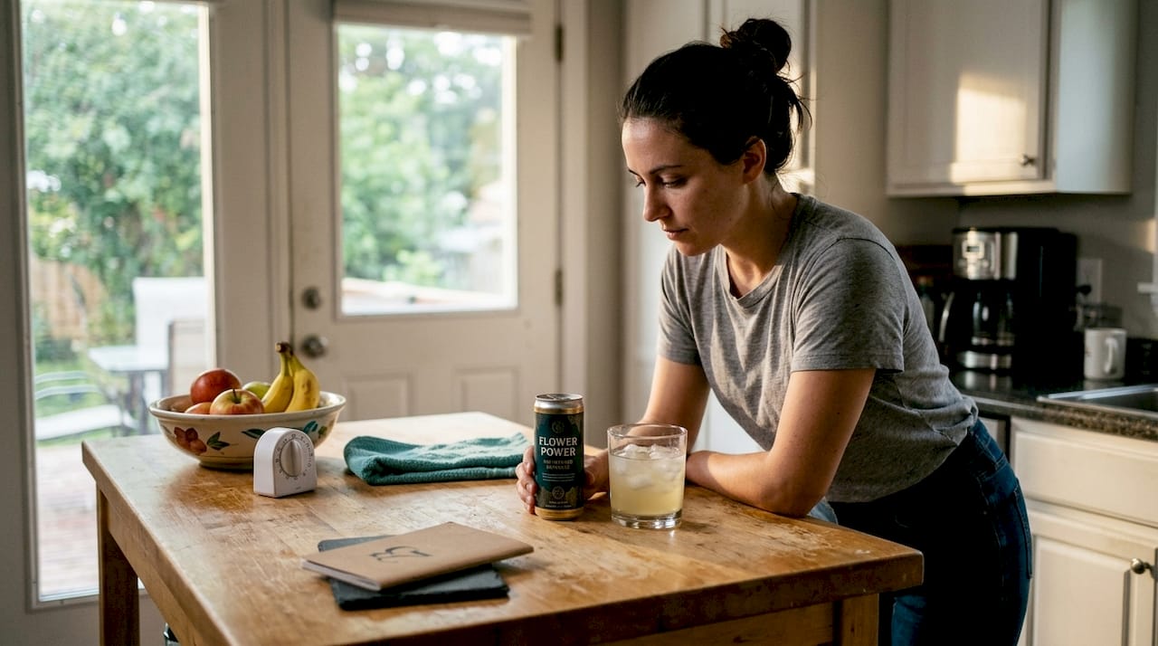 Person checks THC beverage can for dose