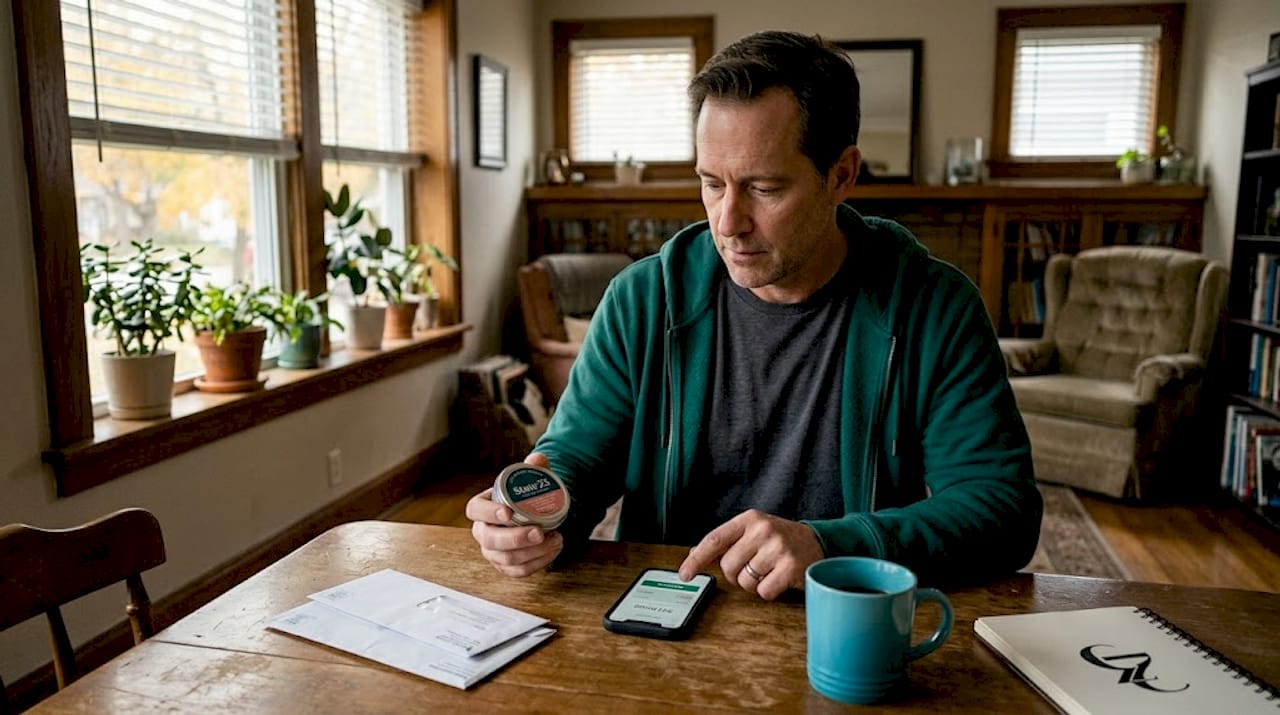 Man using phone for edible dosing at table