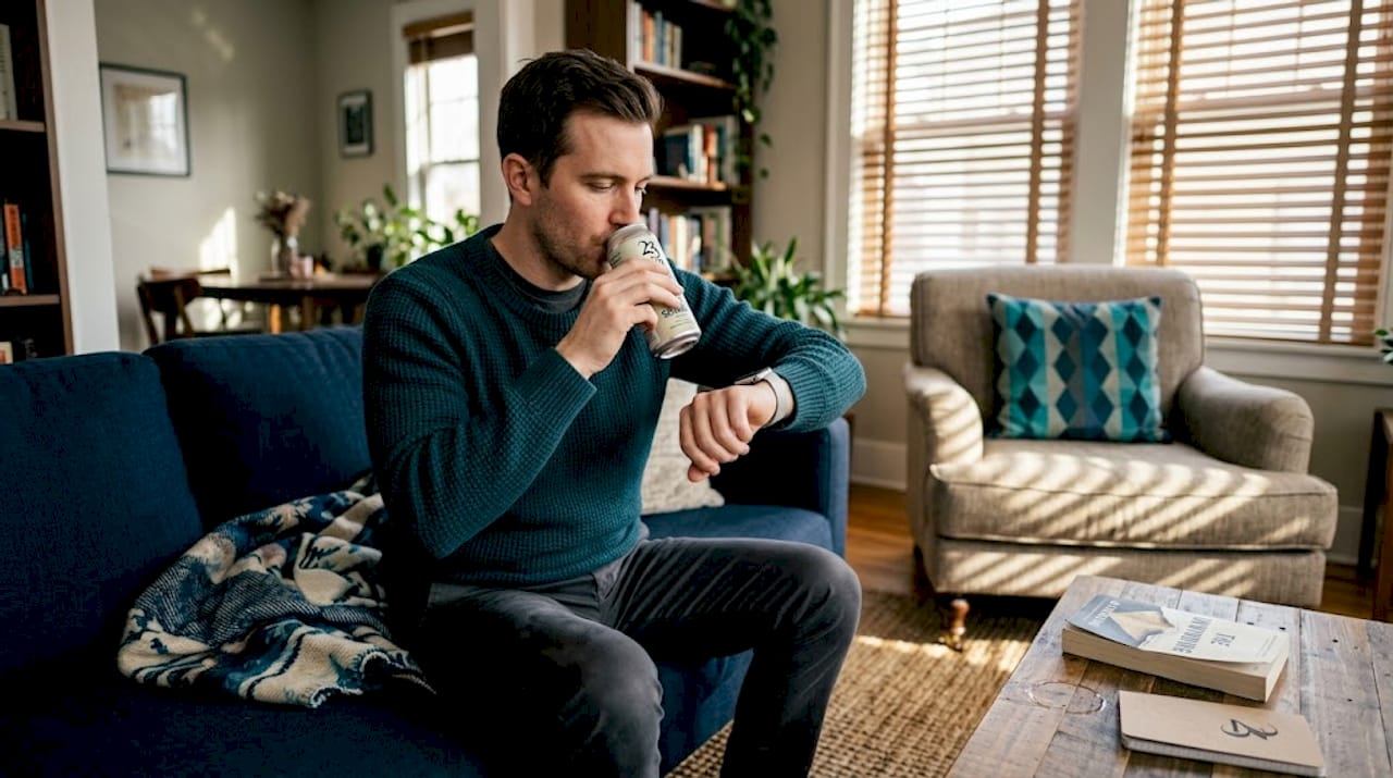 Man checks watch after drinking THC beverage