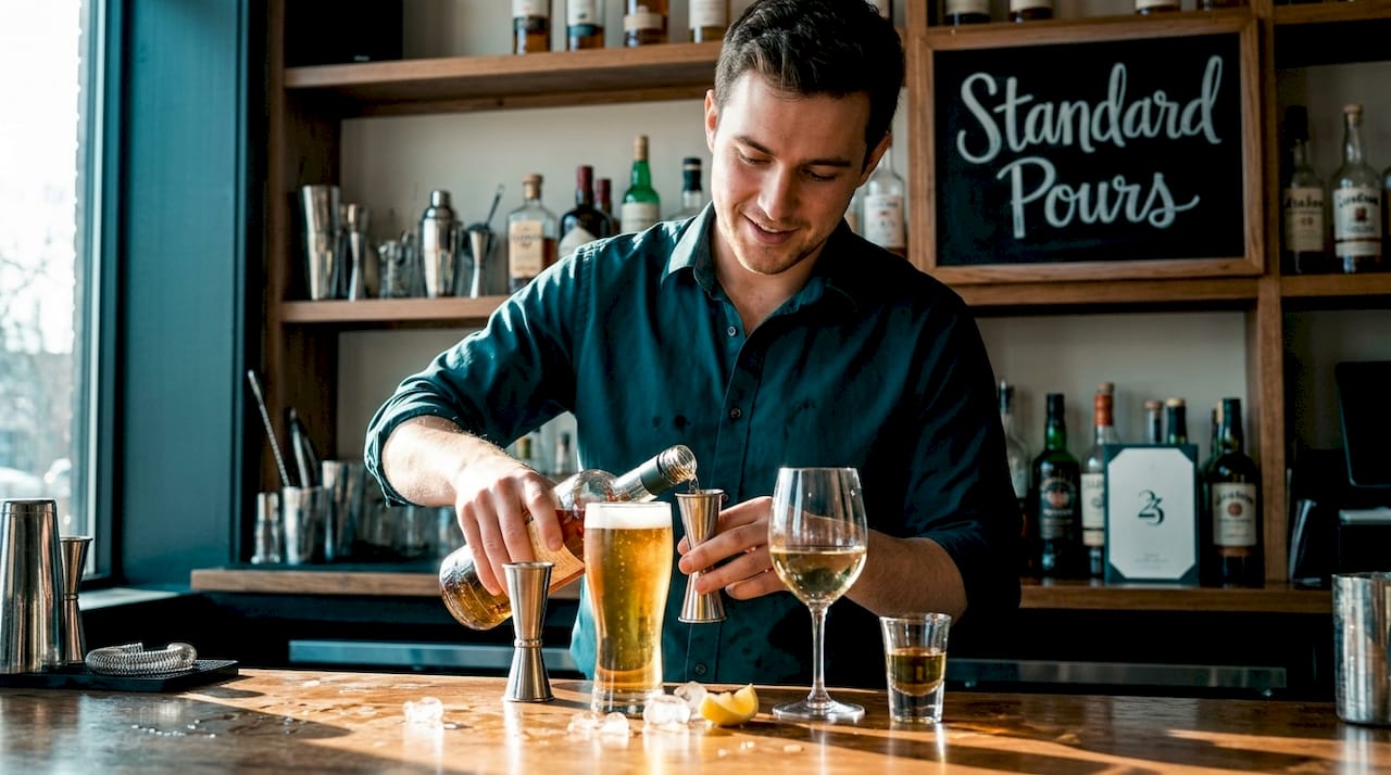 Bartender pouring accurate drink servings at bar