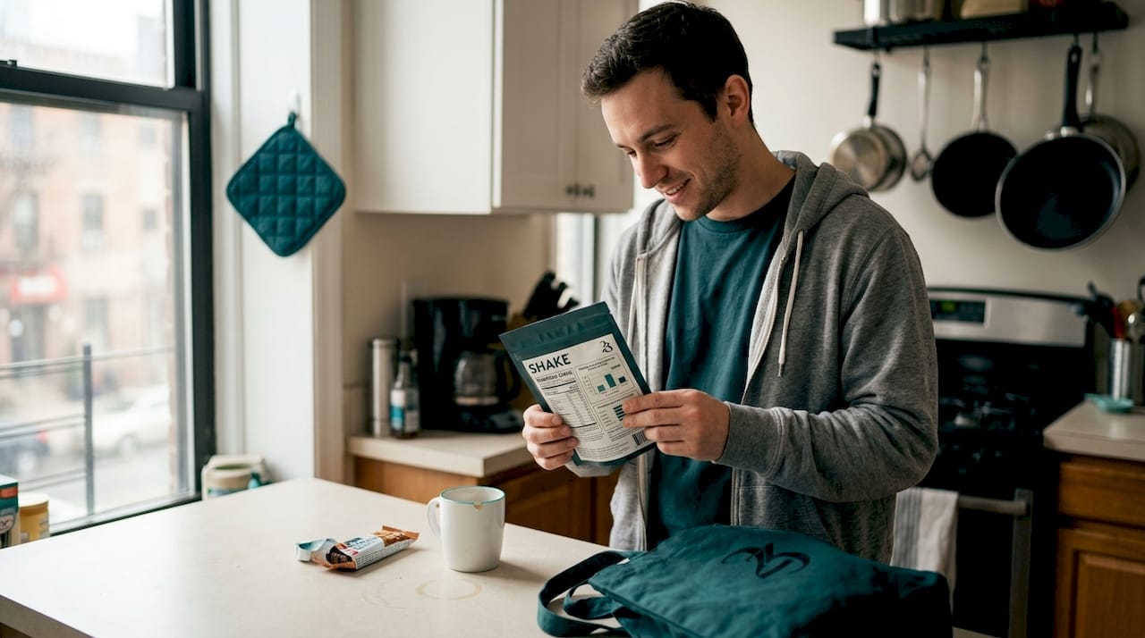 Man examining edible label in kitchen