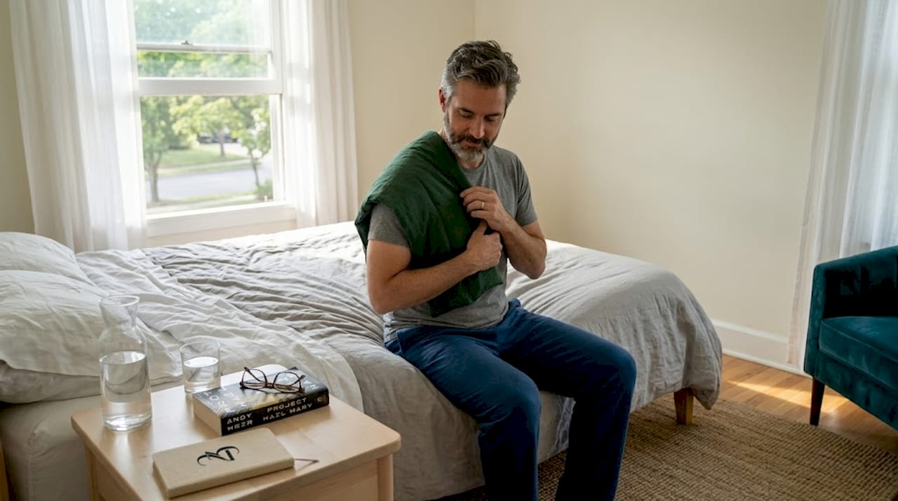 Man applying hemp wellness wrap in bedroom