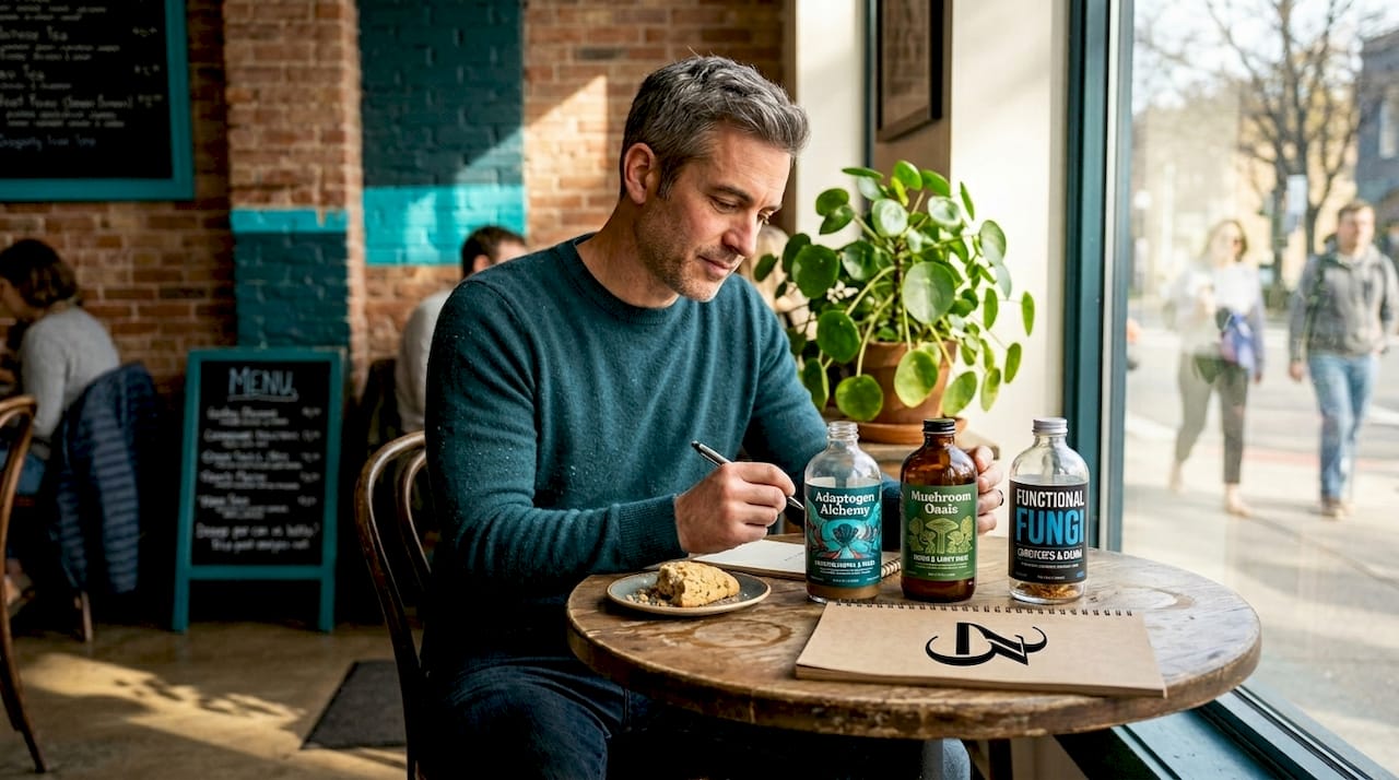 Man reviewing adaptogen drinks at café table
