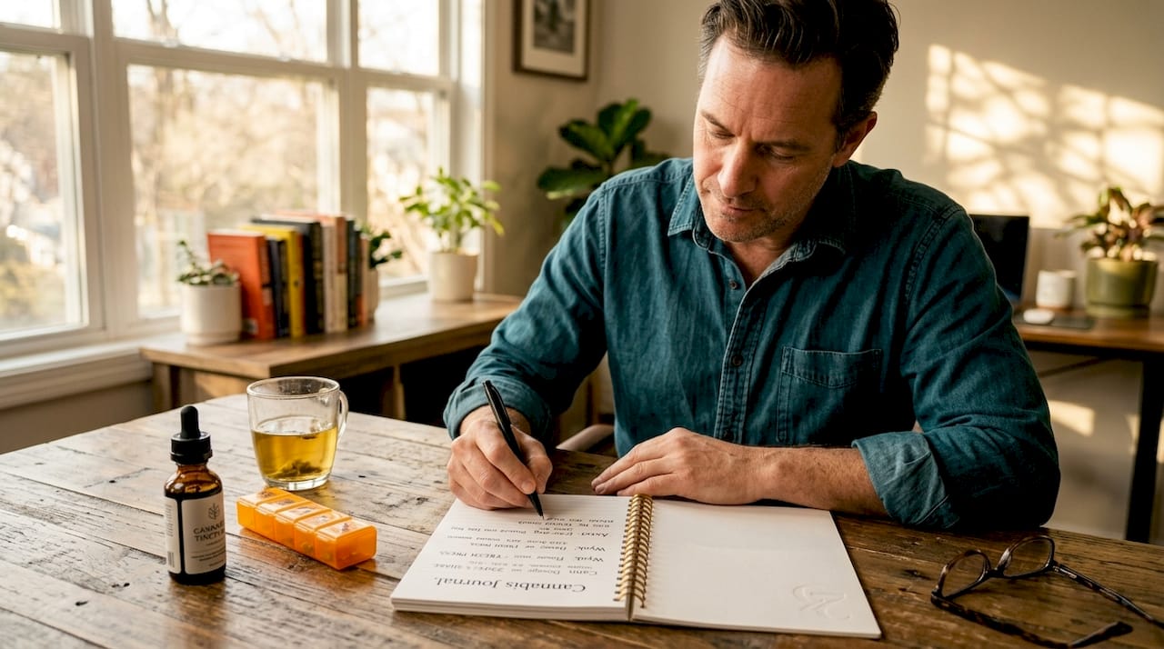 Man documenting cannabis usage in journal