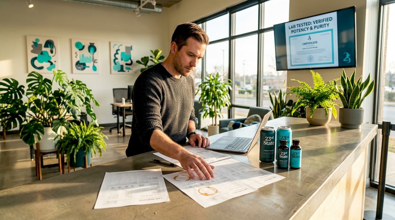 Manager reviewing cannabis lab transparency documents