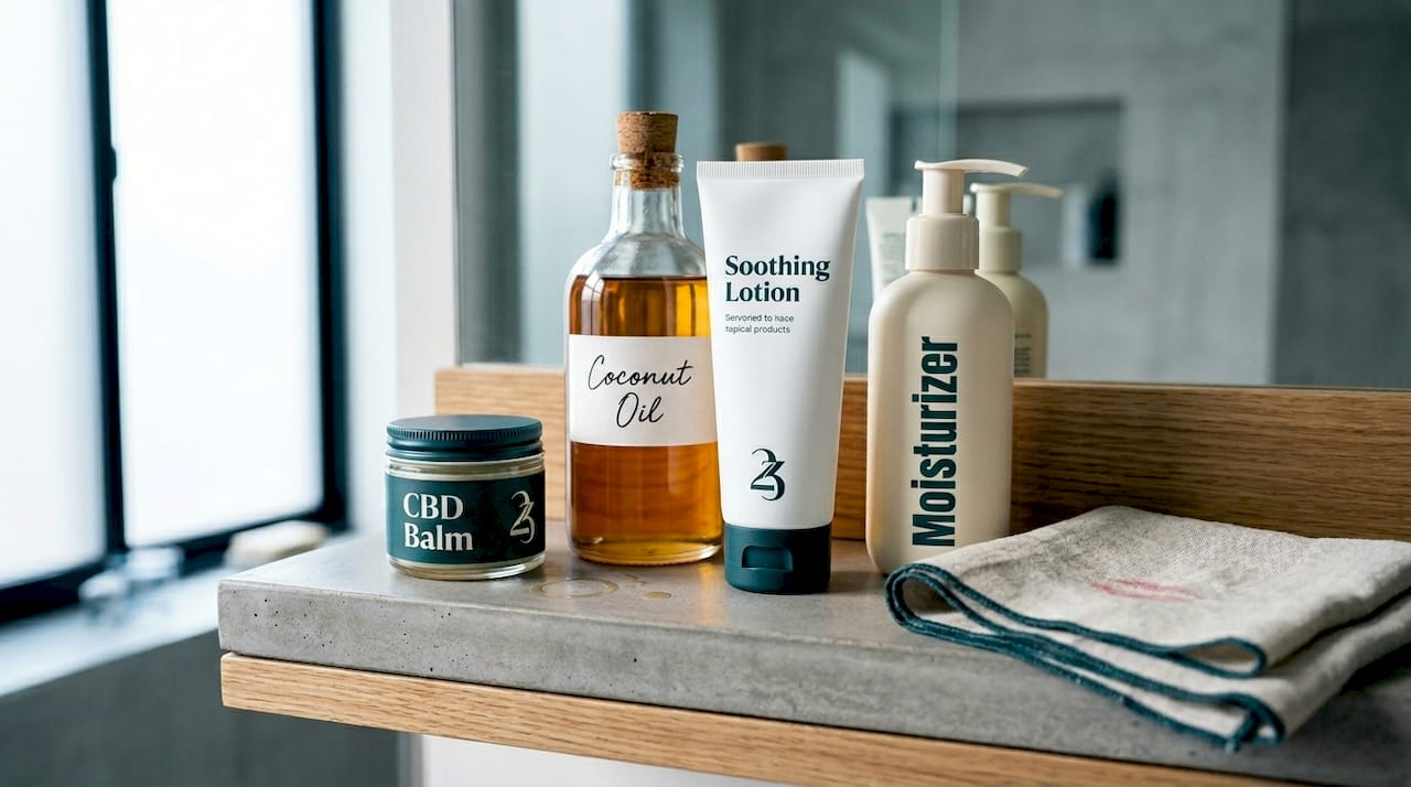 Topical oils and creams on bathroom shelf