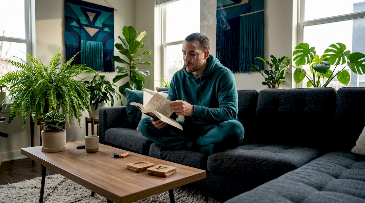 Man relaxing with hemp blunt on sofa