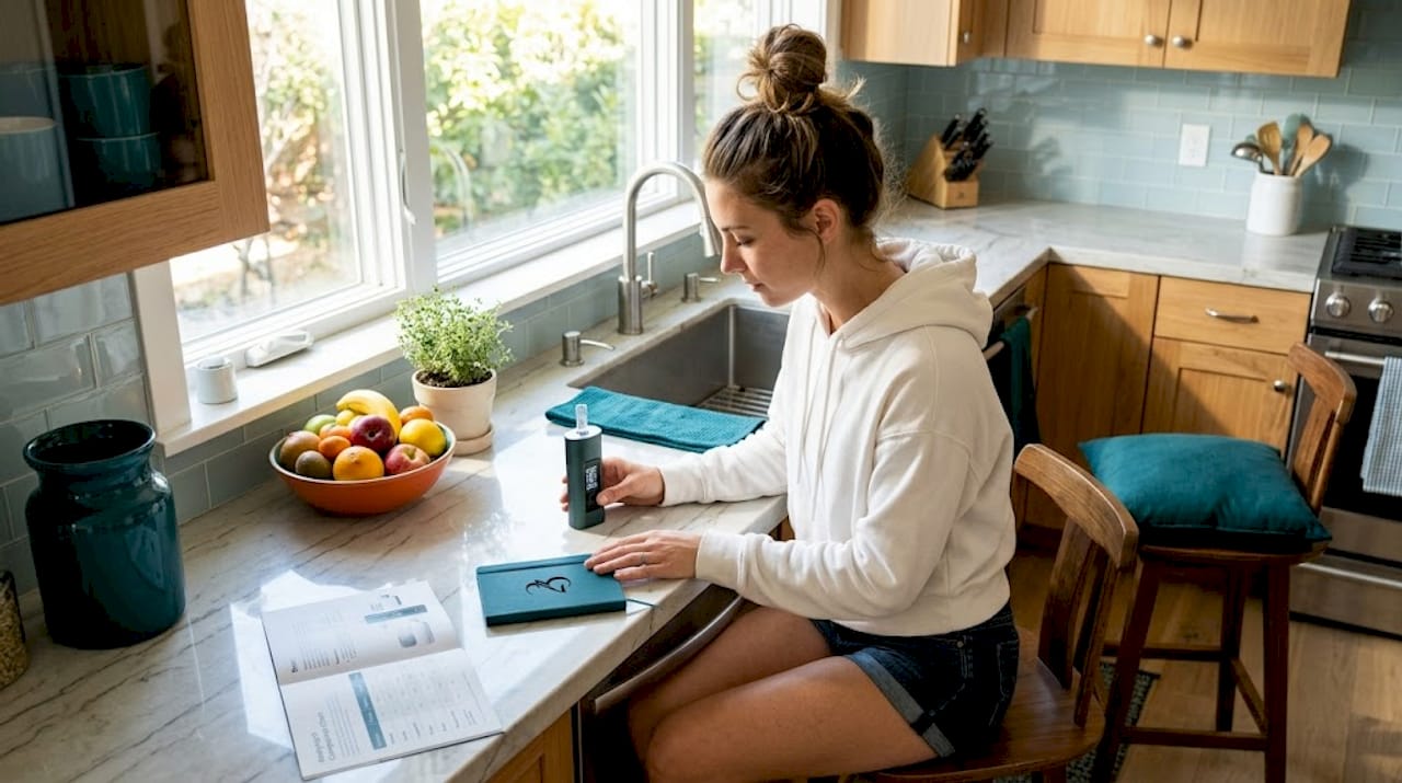 Woman adjusting vaporizer in bright kitchen