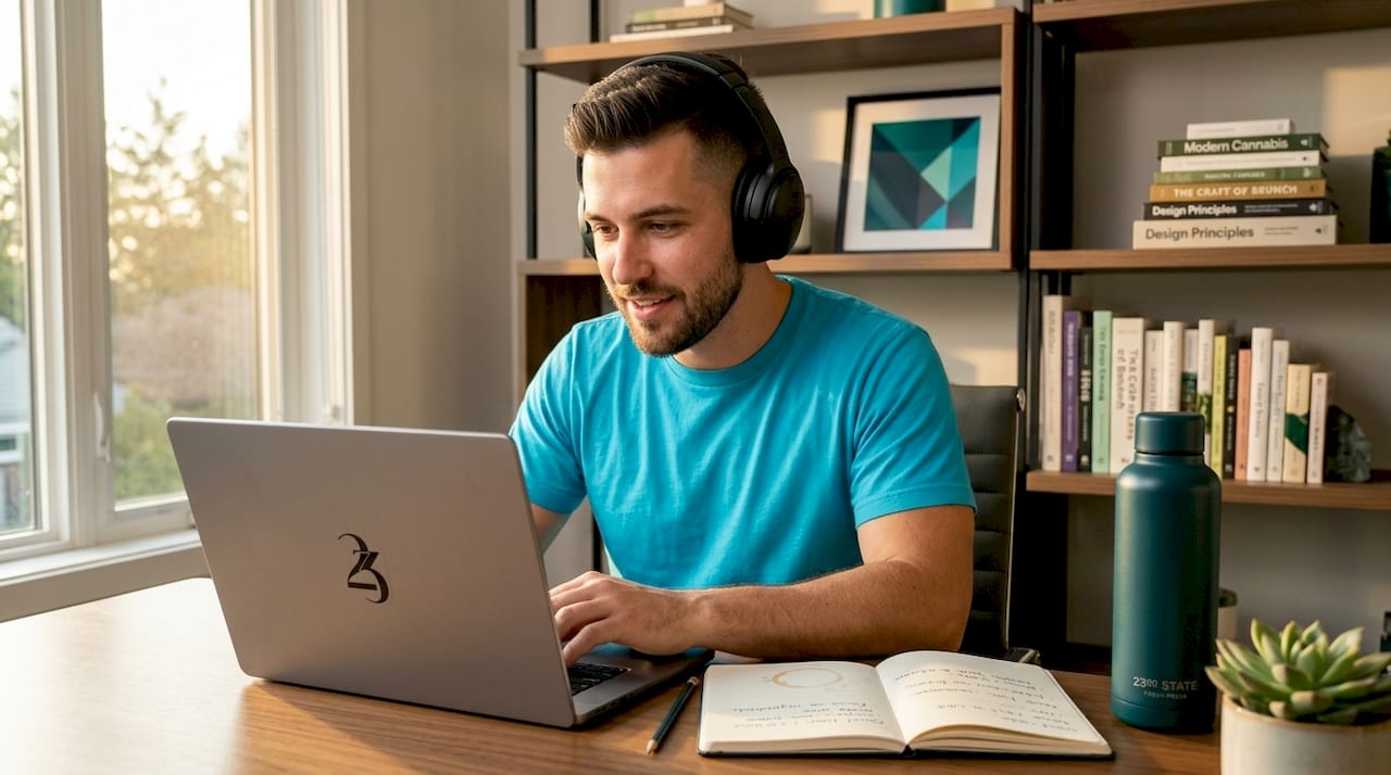 Man learning hemp benefits on laptop at home