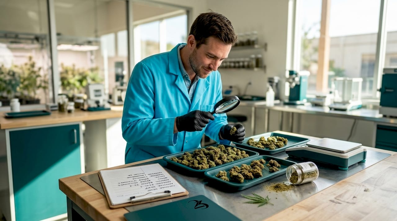 Inspector examining hemp flower close-up
