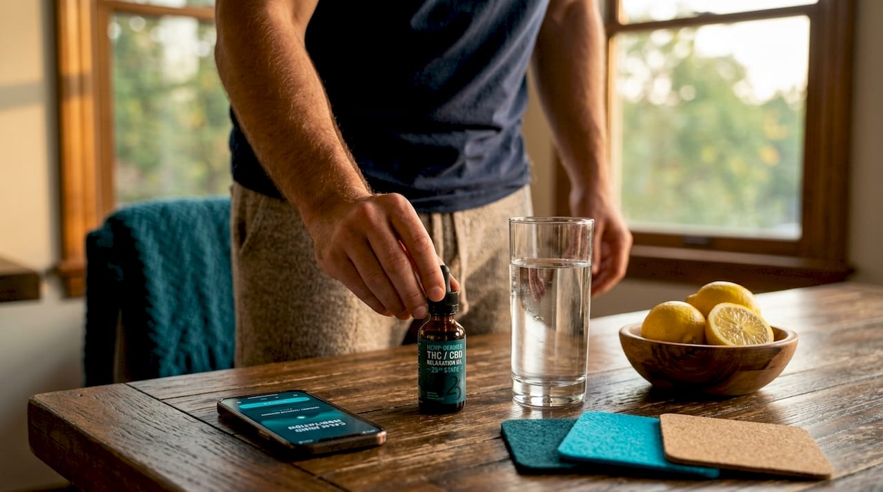 Young man adding hemp oil to wellness routine