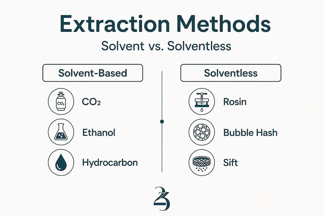 Infographic comparing solvent and solventless extraction