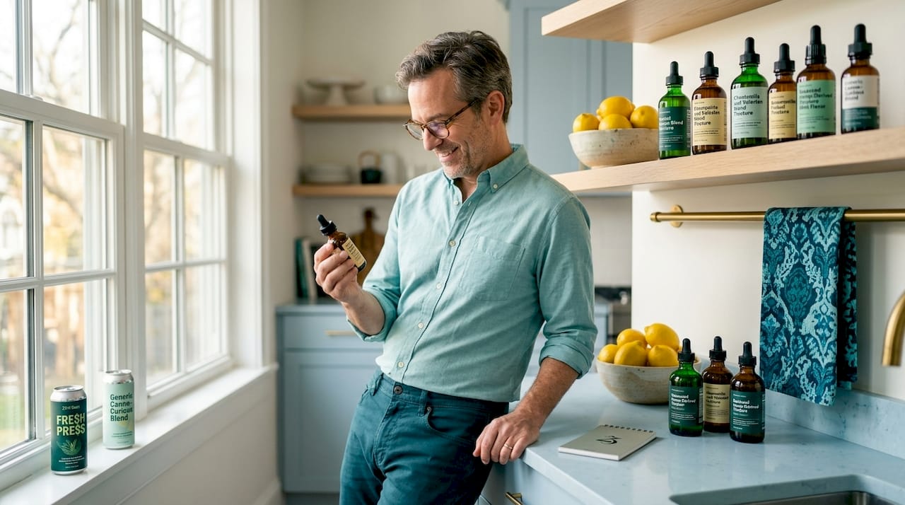 Man reading tincture bottle label at shelf