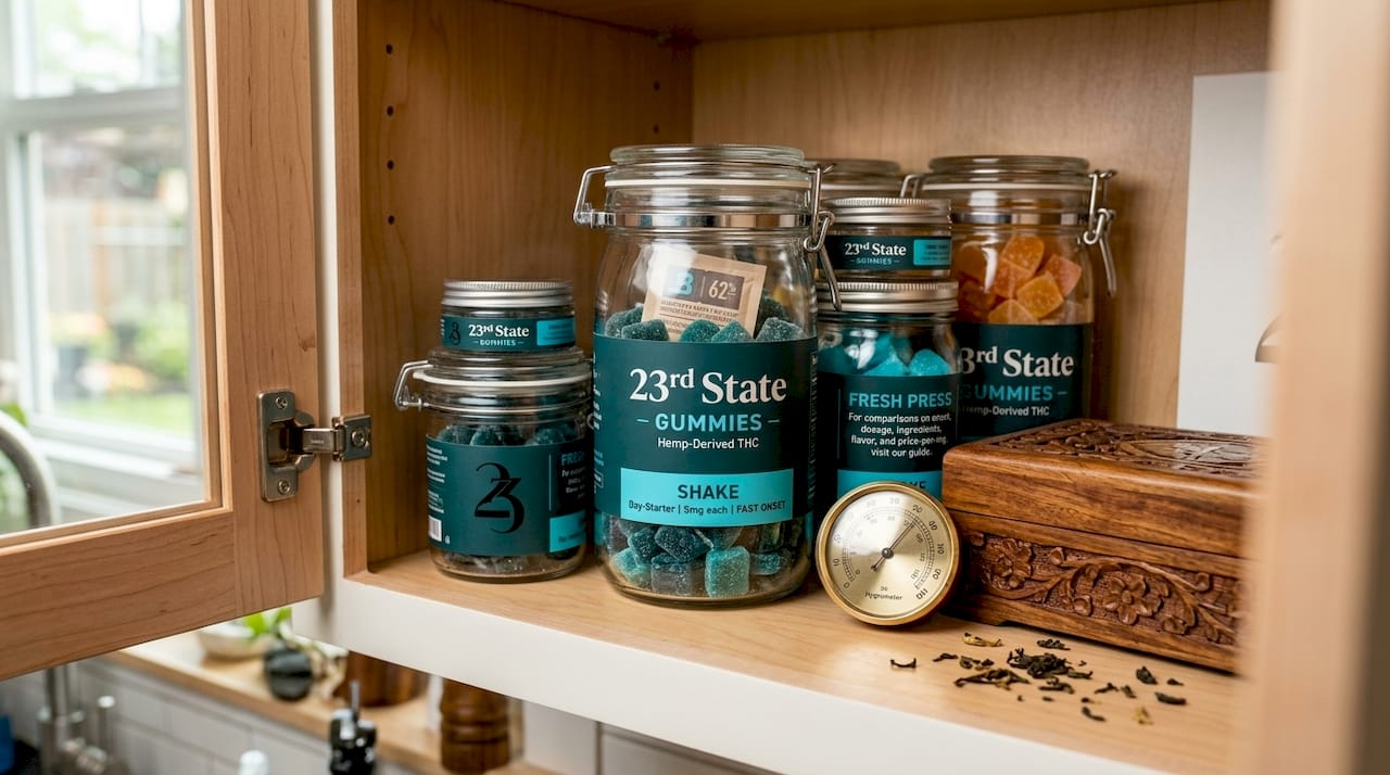 Pantry shelf with jars and hygrometer for edibles