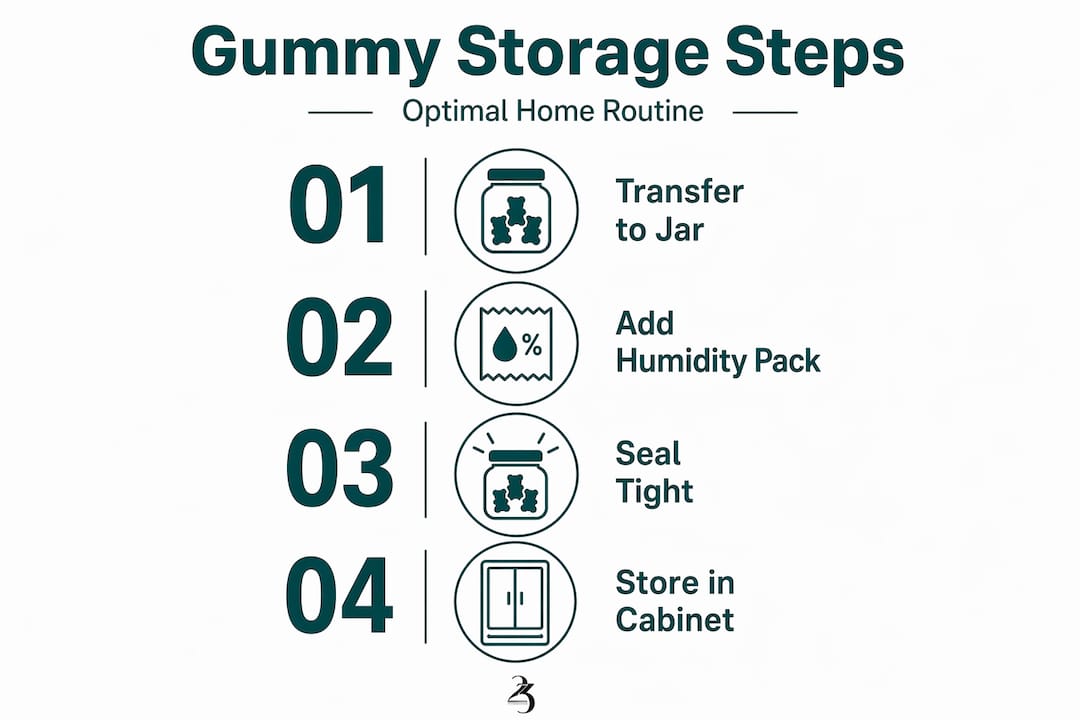 Infographic with steps for storing cannabis gummies