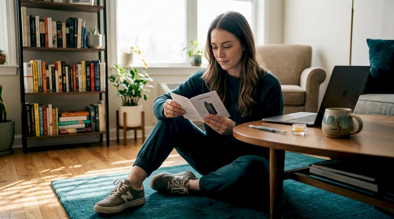 Woman learning to use a vaporizer at home