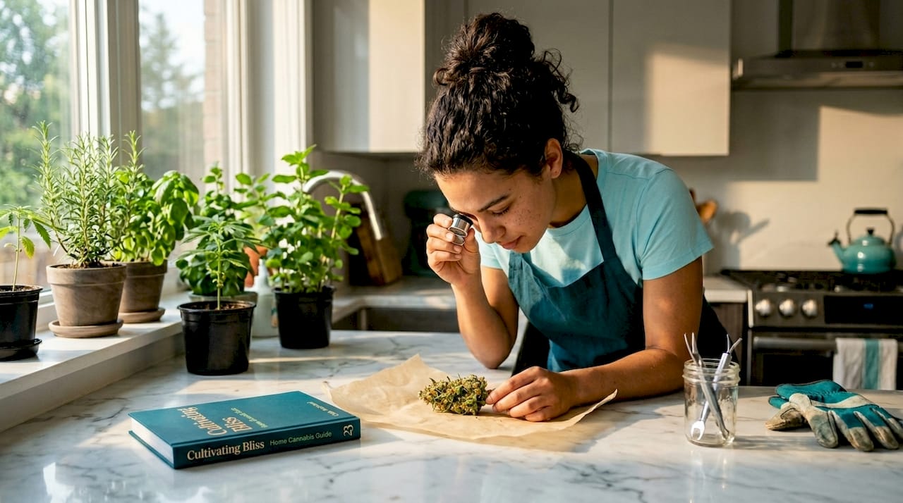 Gardener viewing trichome colors on cannabis bud