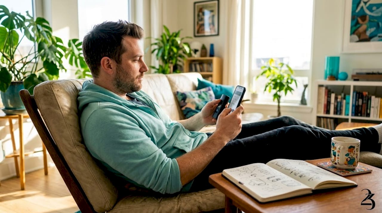 Man using vaporizer at kitchen table with phone