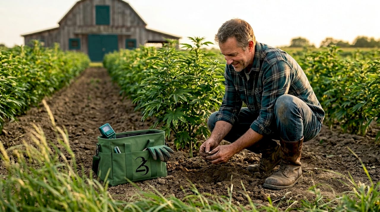 Farmer examining organic hemp field soil