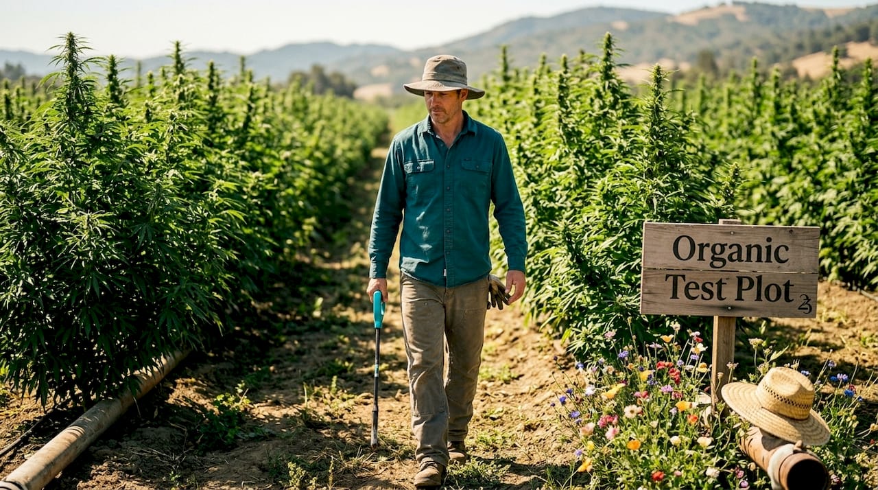 Farmer inspecting organic hemp crop in field