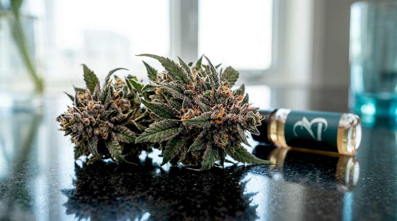 Close-up of cannabis buds showing flavonoids detail