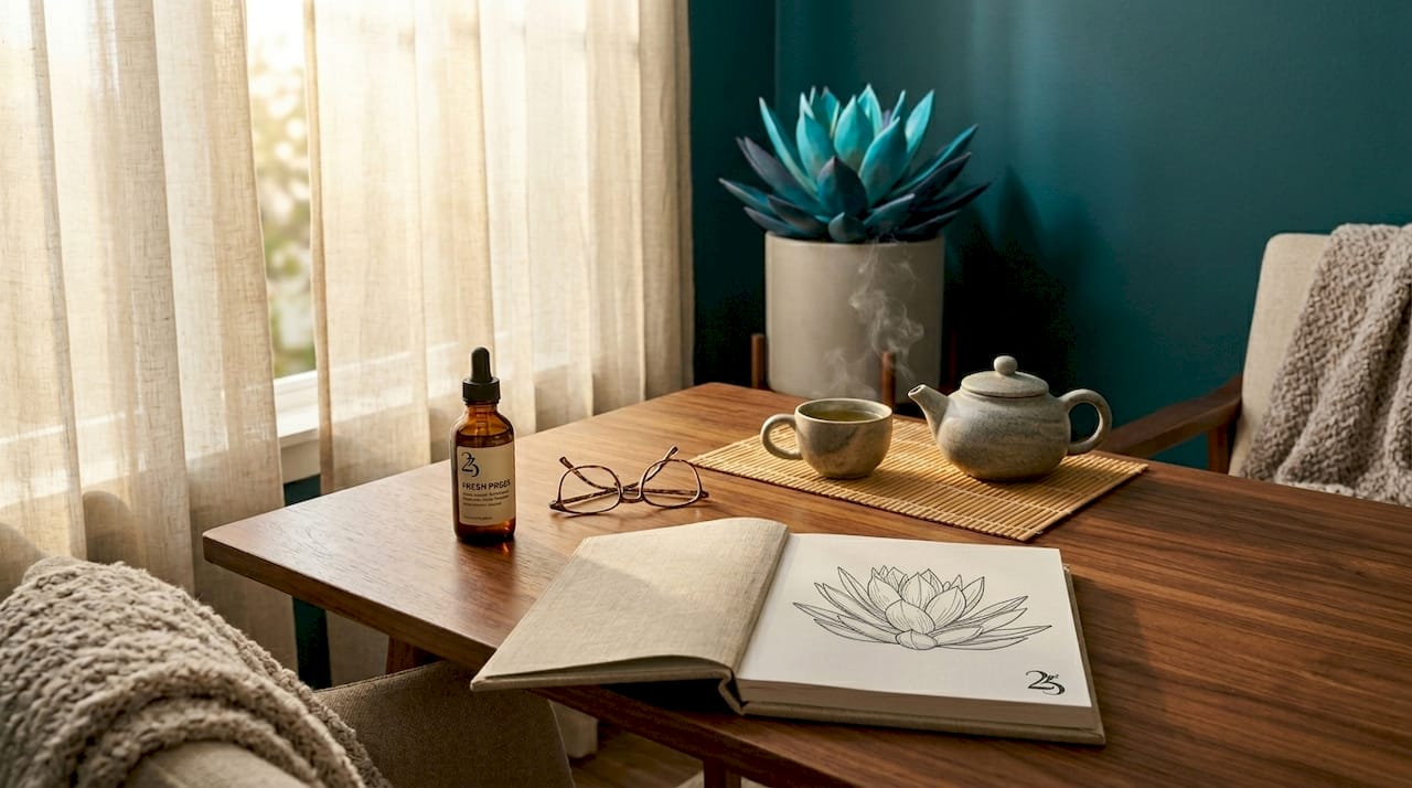Close-up of hemp CBD oil bottle and dosing guide on bedside table