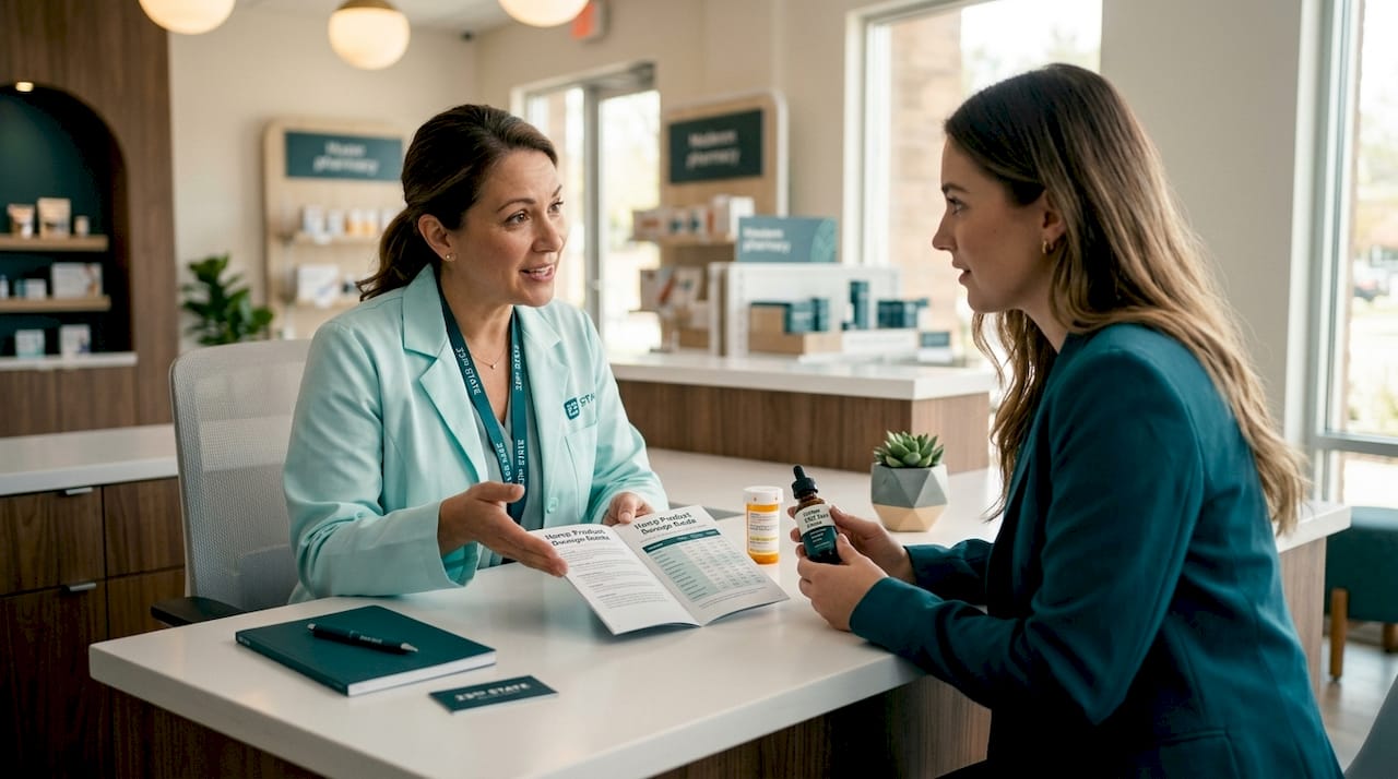 Pharmacist advising patient on CBD dosage