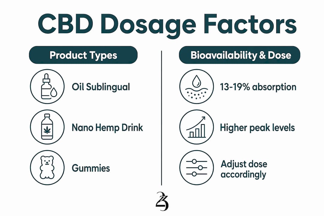 Infographic comparing CBD product types and bioavailability dosage factors
