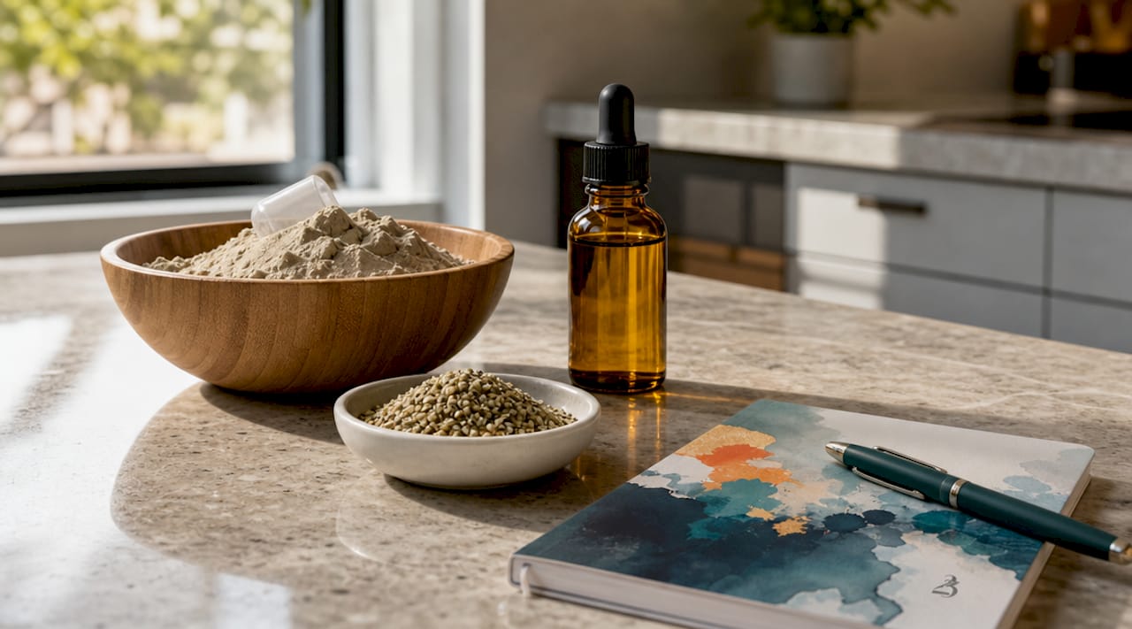Top-down view of hemp protein, seeds, and hemp oil