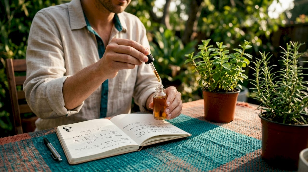 Hands with vaporizer and notes app in home office
