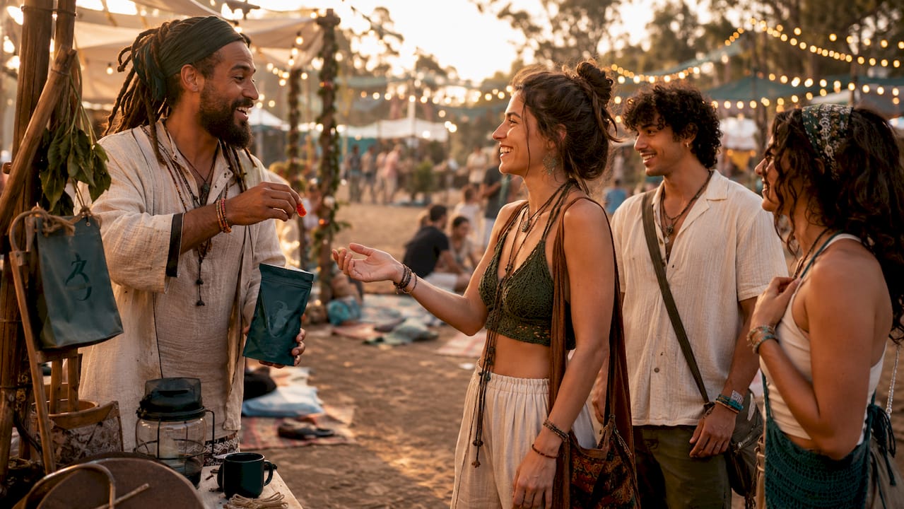 Friends sharing hemp gummies at music festival
