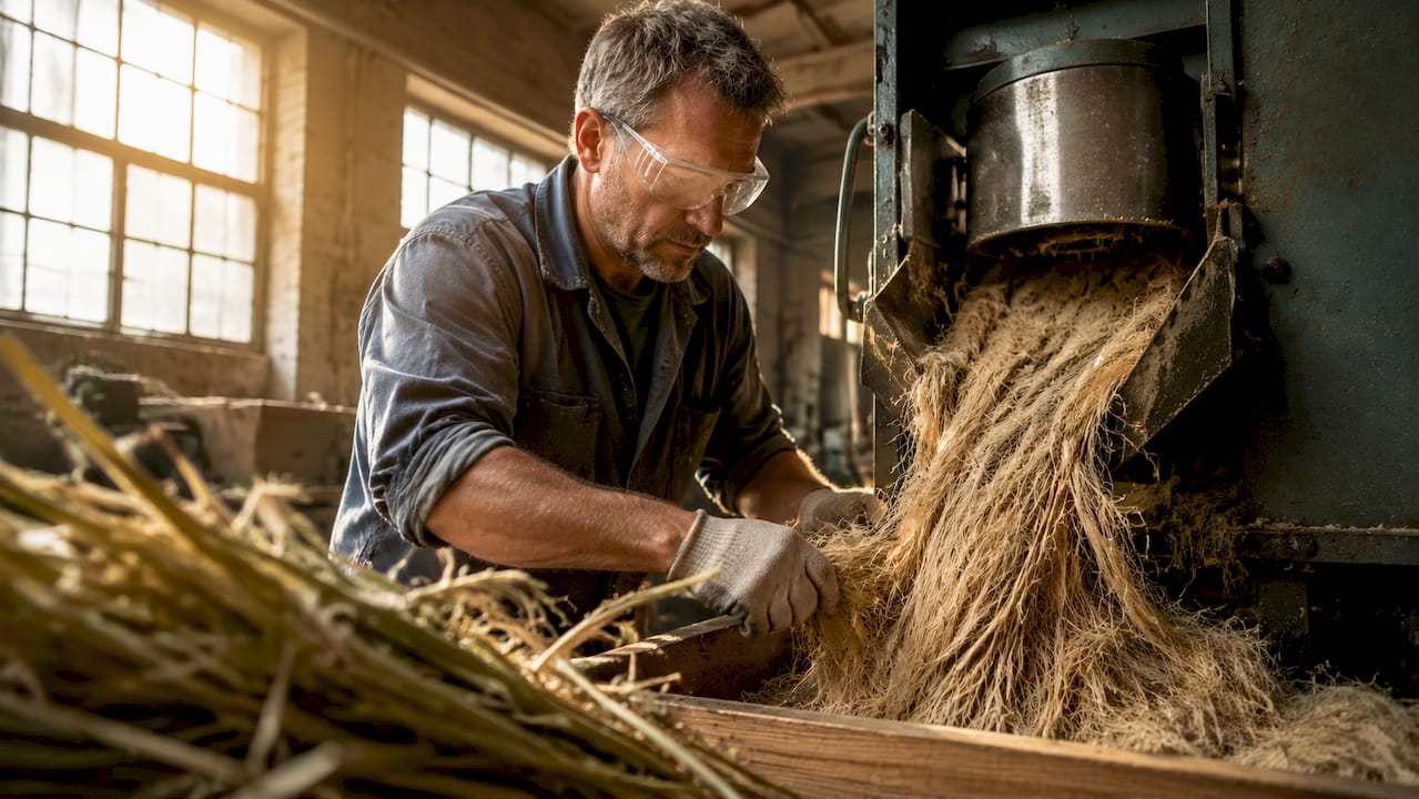Worker processing hemp fibers in factory