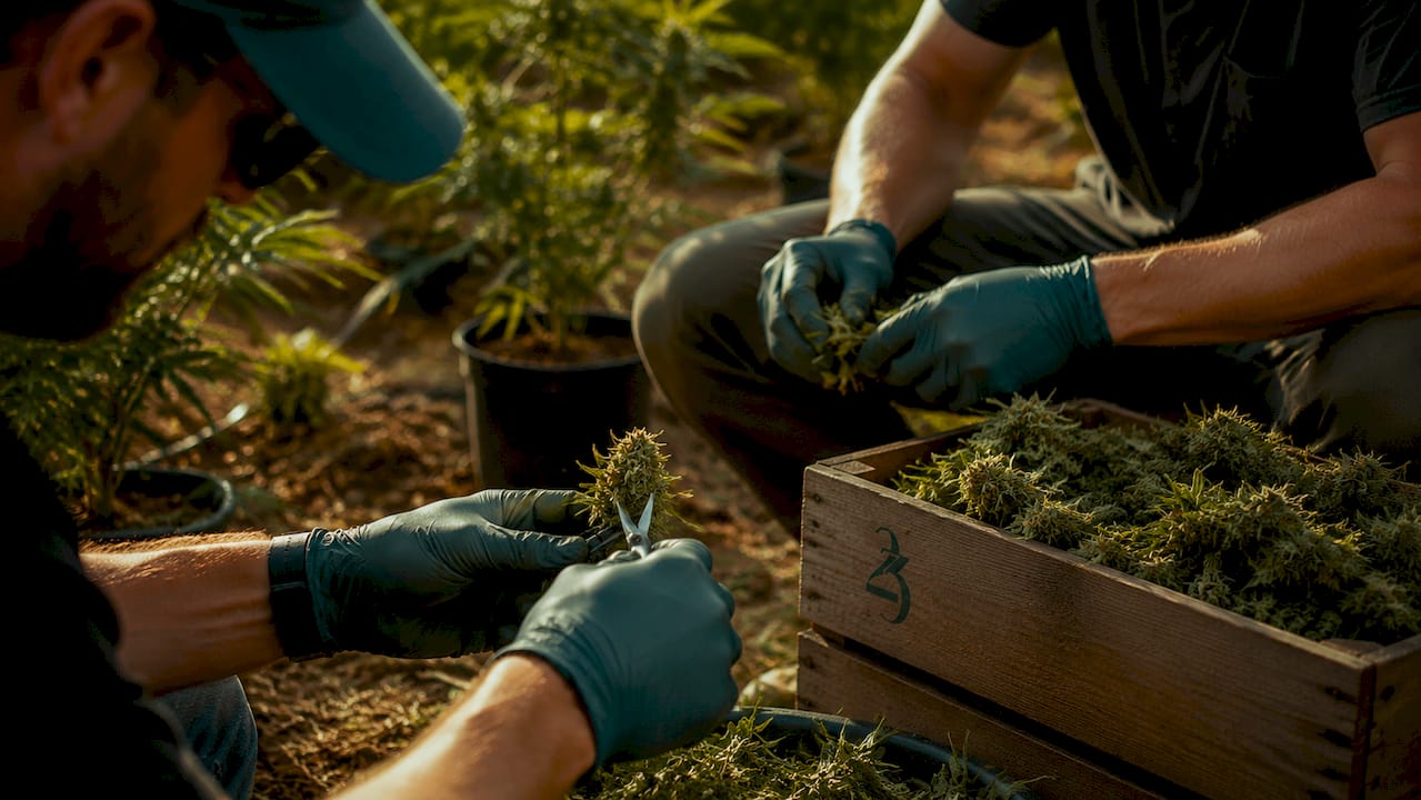 Hands trimming organic cannabis buds at farm