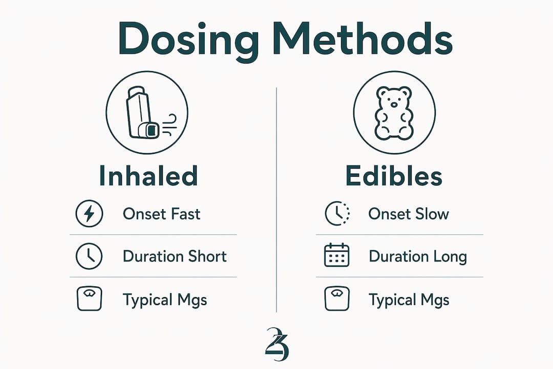 Infographic comparing inhaled and edible cannabis dosing