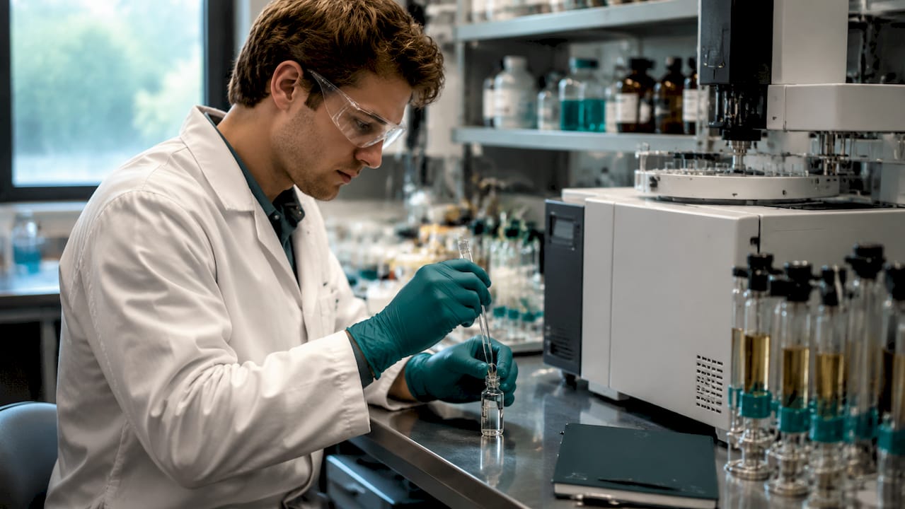 Lab technician pipetting hemp chemical analysis sample