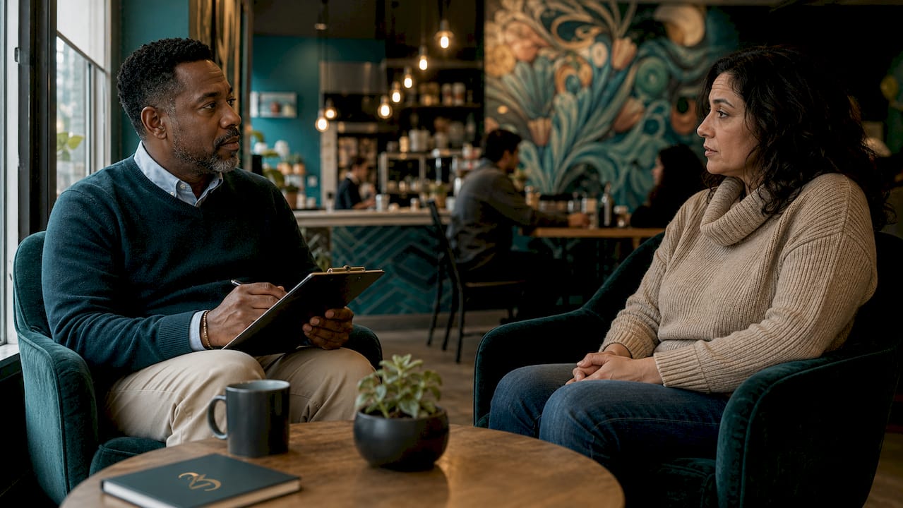 Counselor discussing cannabis addiction with client