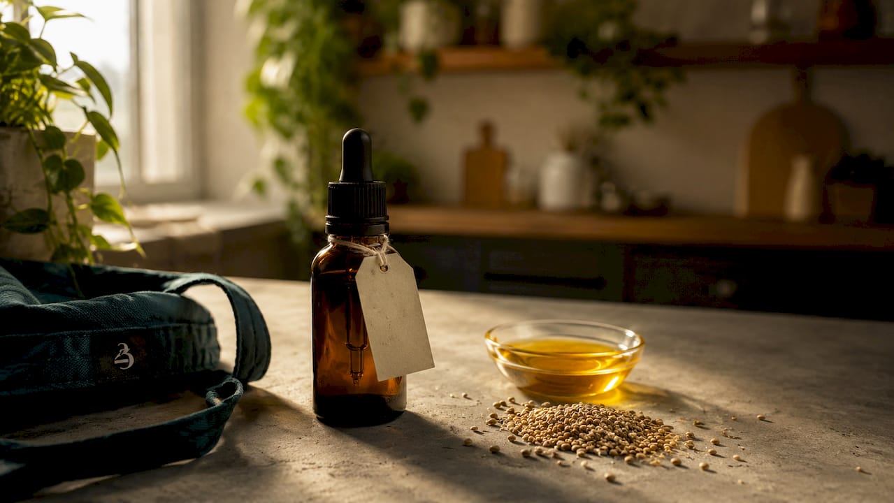 Close-up of MCT oil tincture bottle and hemp seeds