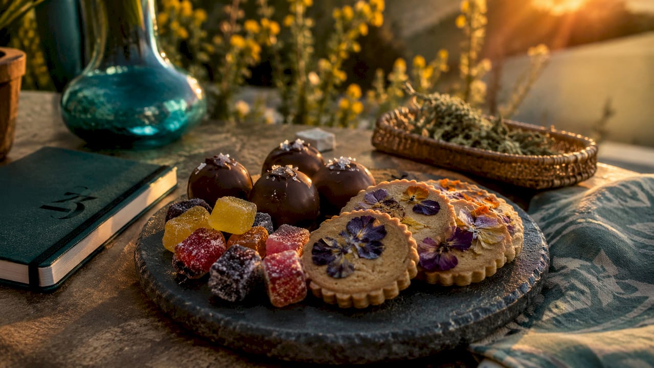 Variety of artisanal cannabis edibles close-up overhead view