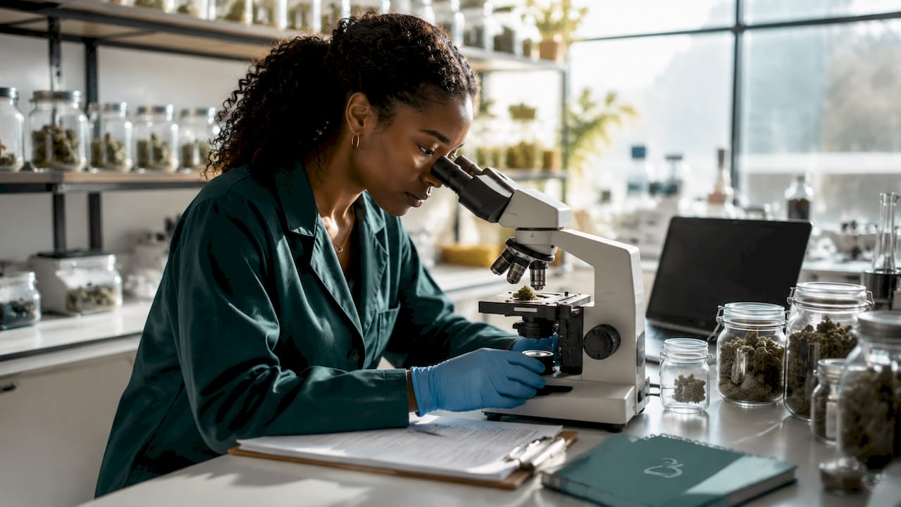 Scientist examining premium cannabis flower