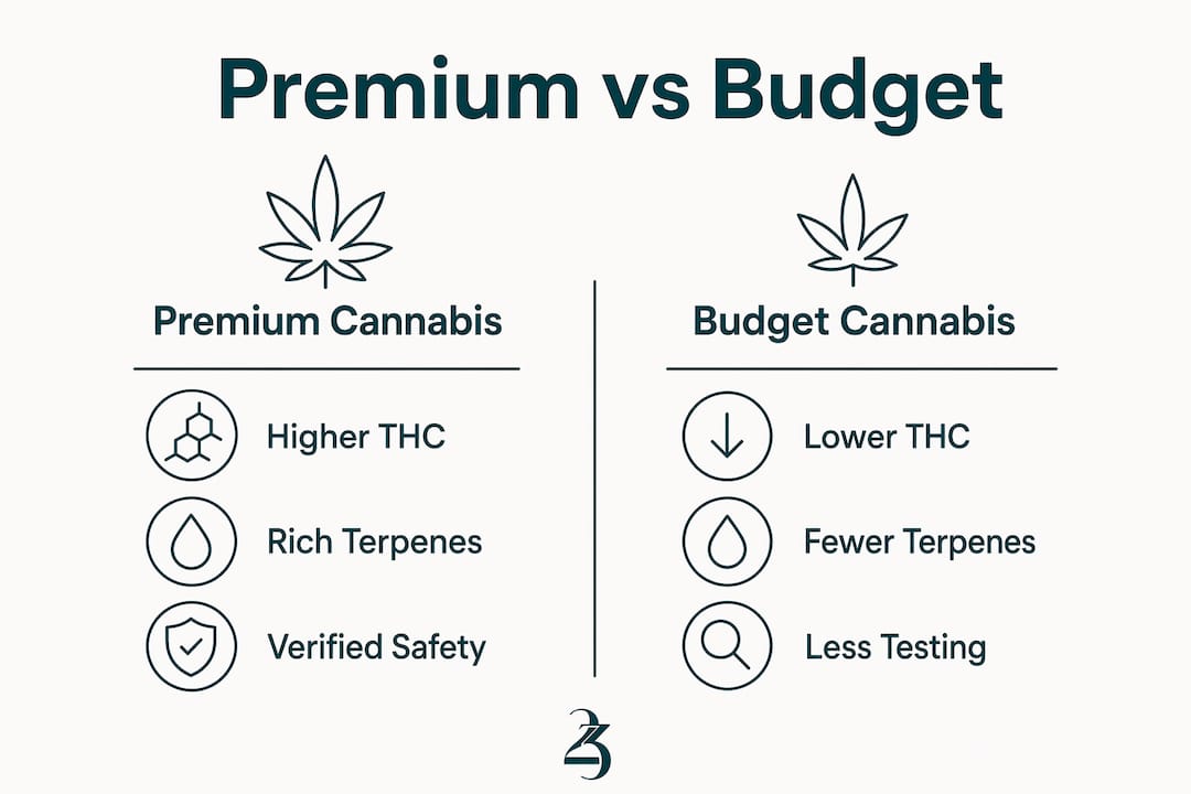 Infographic comparing premium and budget cannabis