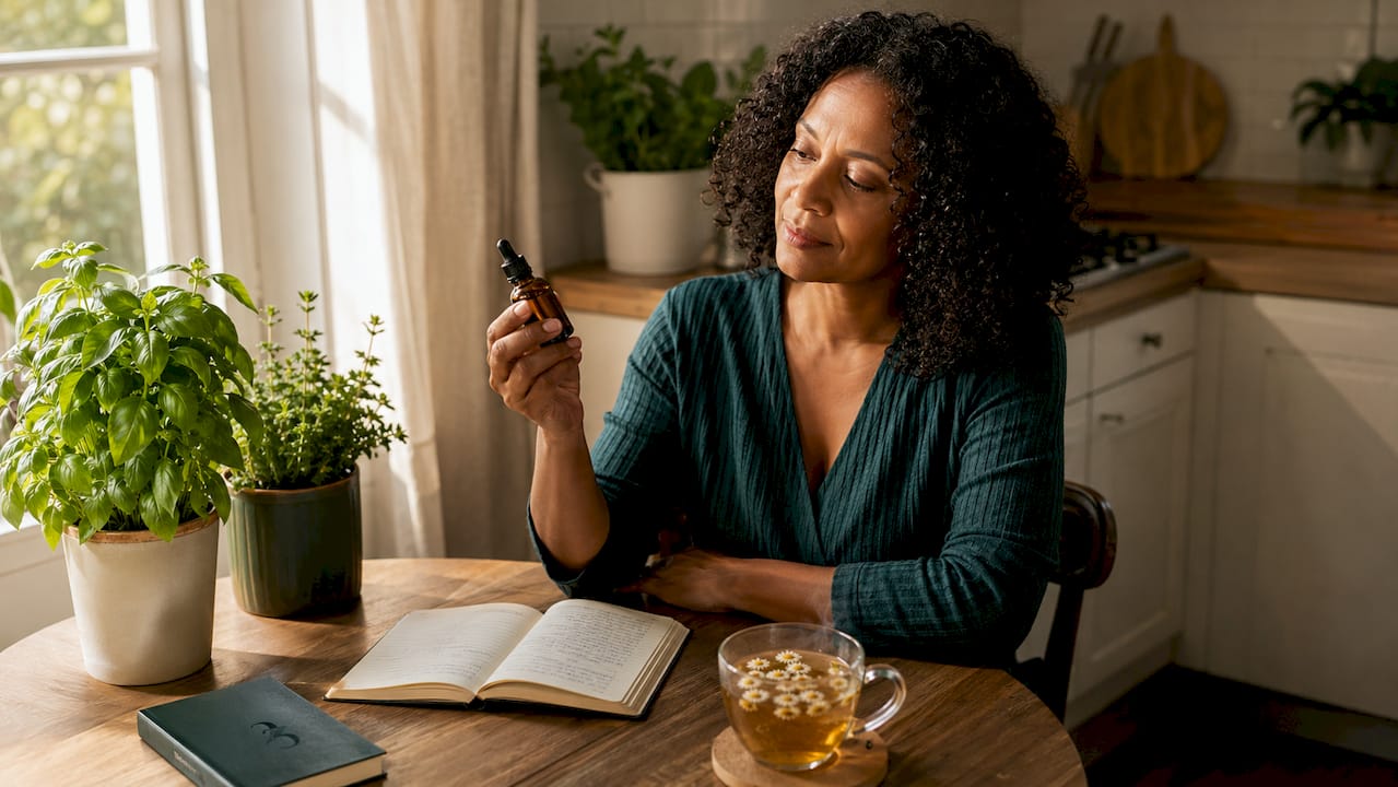 Woman reading CBD oil bottle at home office