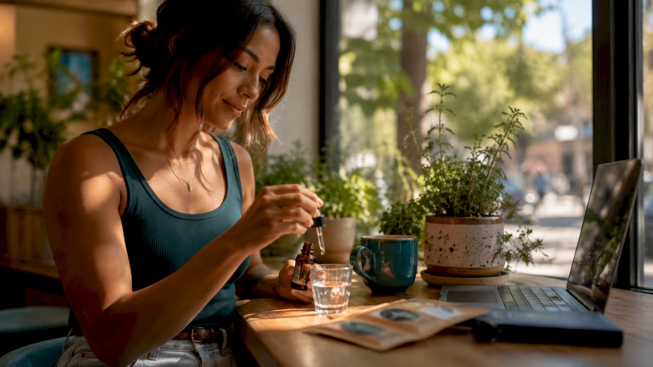 Woman preparing hemp tincture in kitchen