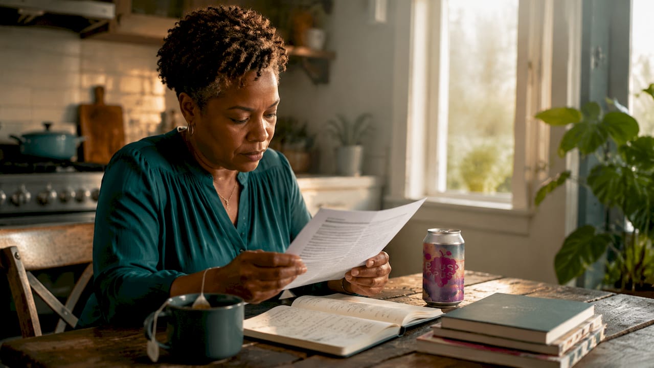 Woman reviewing hemp Certificate of Analysis document