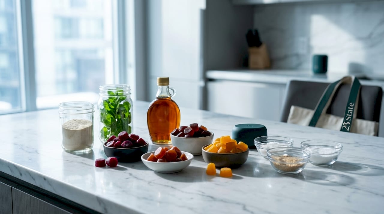 Close-up of vegan CBD gummies with ingredients on wooden table